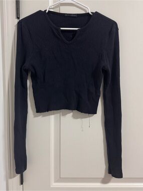 Brandy Melville navy Ribbed Notch-Neck Long Sleeve Crop Top